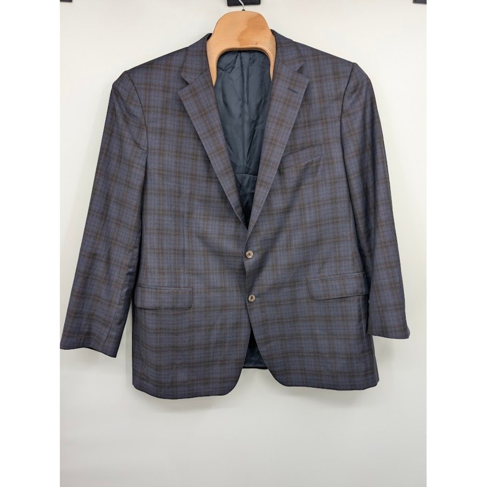 Samuelsohn Collection Cordoba Super 130s Wool Blazer Blue Brown Plaid 48 Long